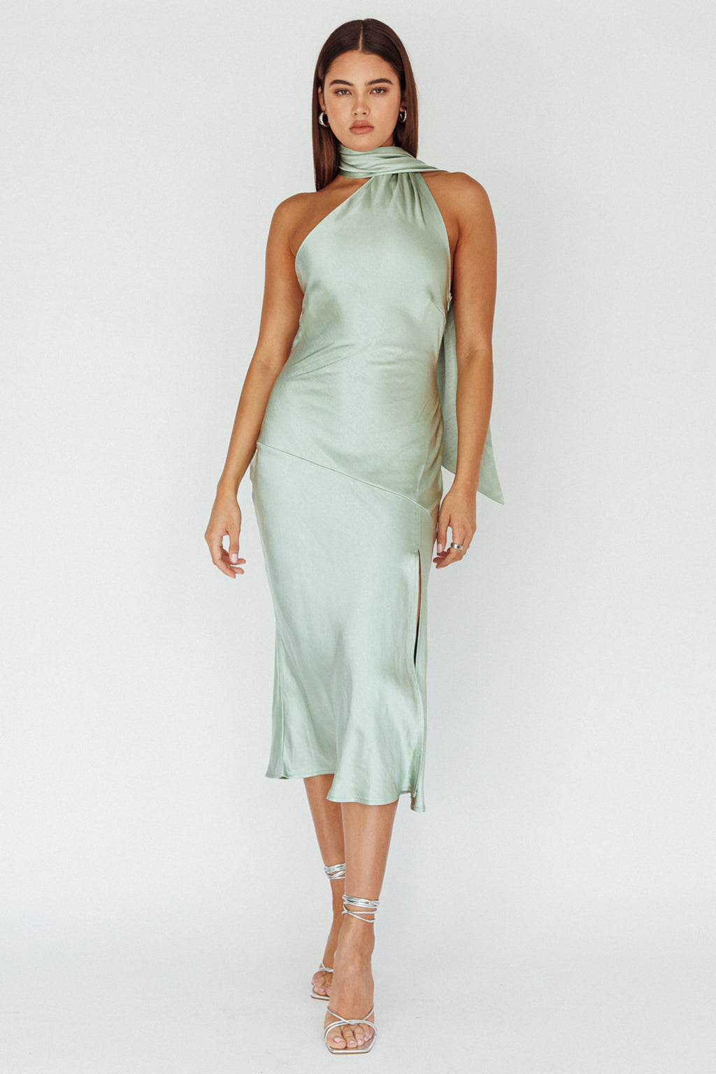 Italian Summer Tie Neck Midi Dress Sage by Selfie Leslie