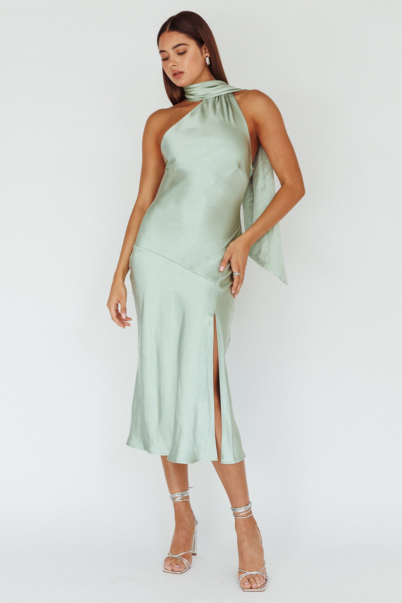 Italian Summer Tie Neck Midi Dress Sage by Selfie Leslie