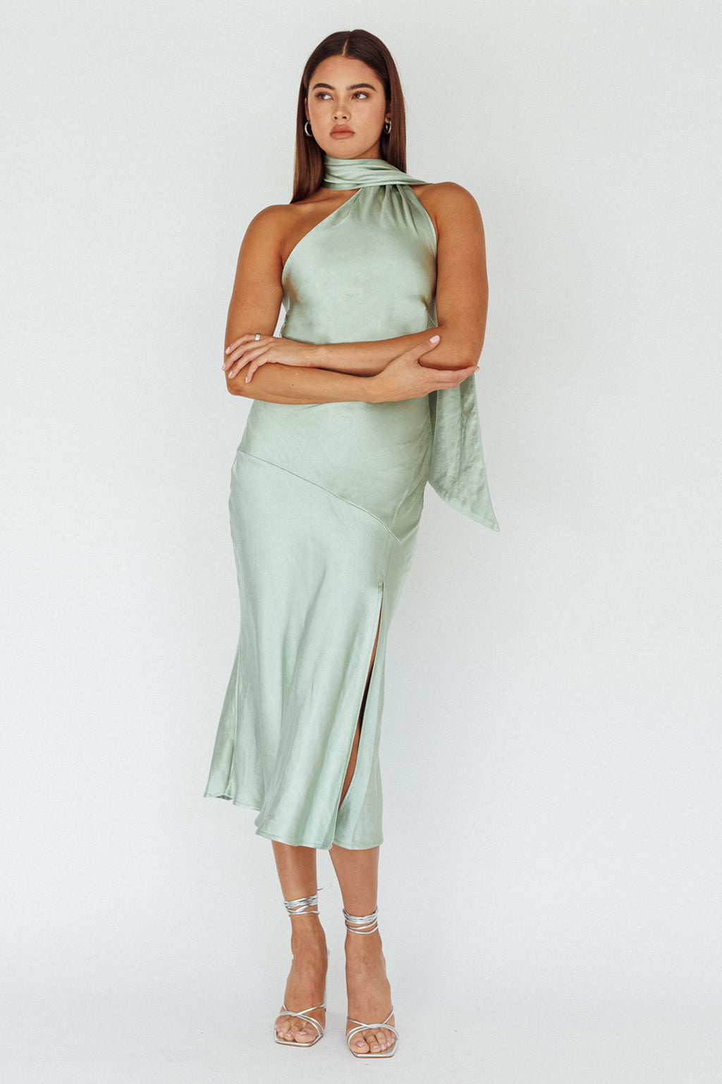 Italian Summer Tie Neck Midi Dress Sage by Selfie Leslie