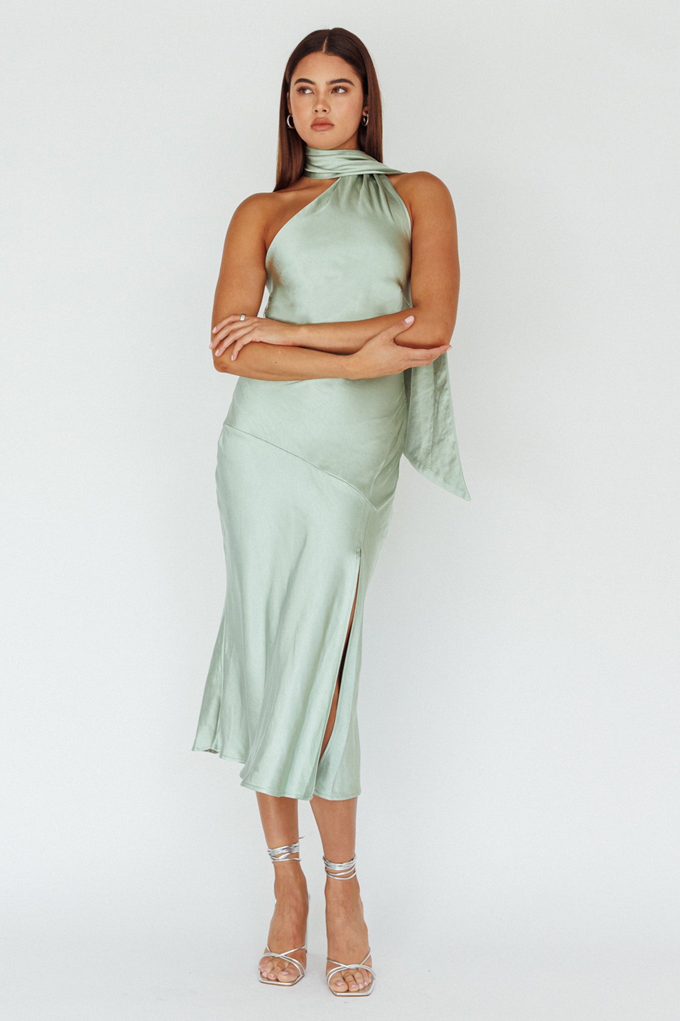 Italian Summer Tie Neck Midi Dress Sage by Selfie Leslie