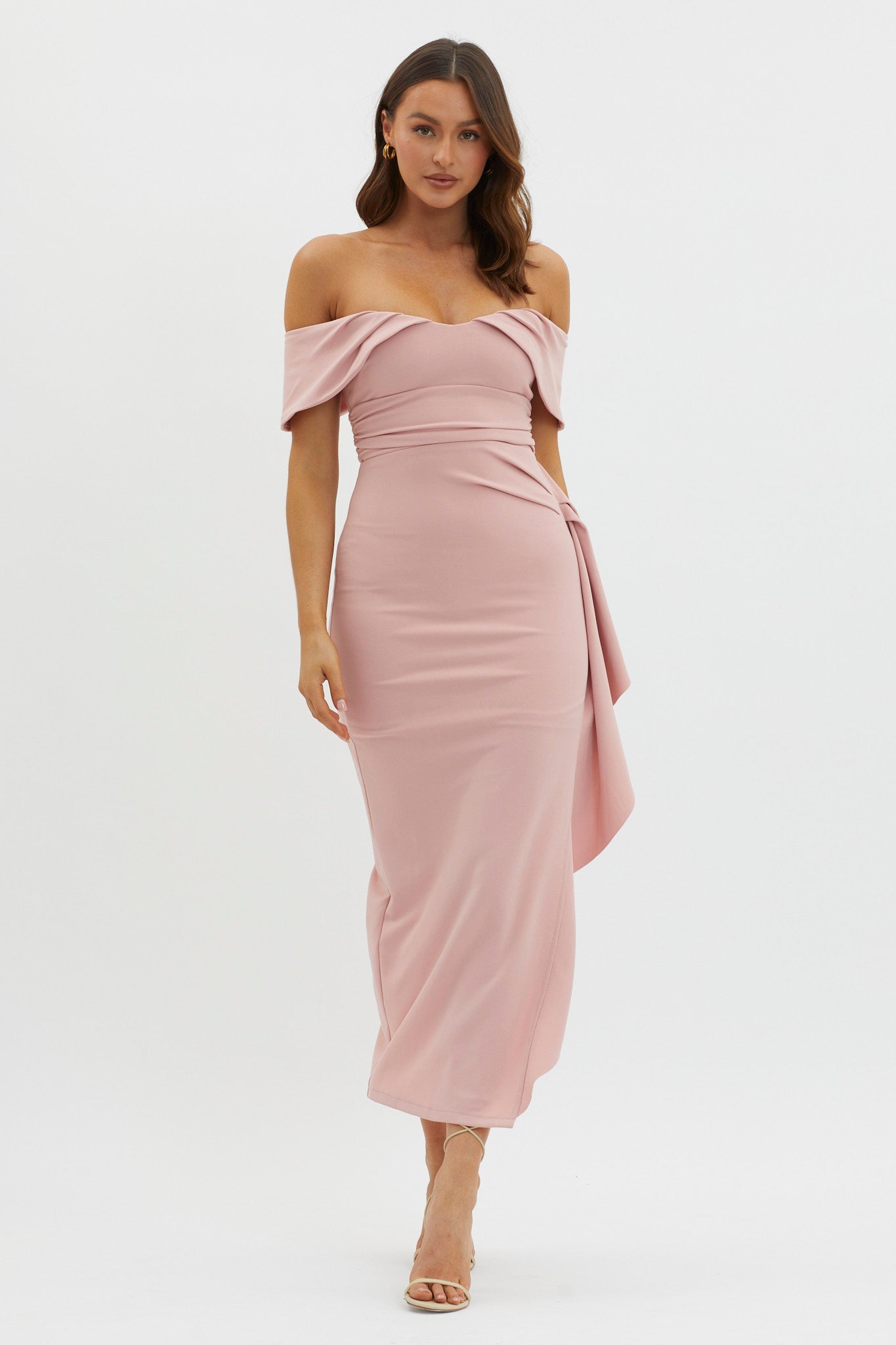 Lillianne Off-Shoulder Side Ruffle Maxi Dress Blush Selfie Leslie Lillianne Off-Shoulder Side Ruffle Maxi Dress Blush Selfie Leslie
