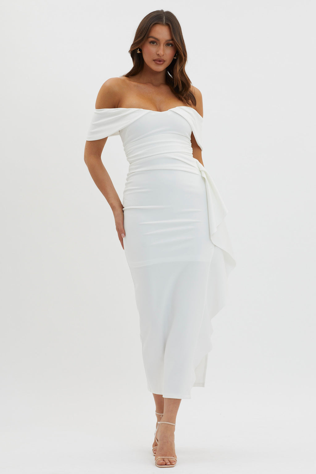 Lillianne Off-Shoulder Side Ruffle Maxi Dress White by Selfie Leslie