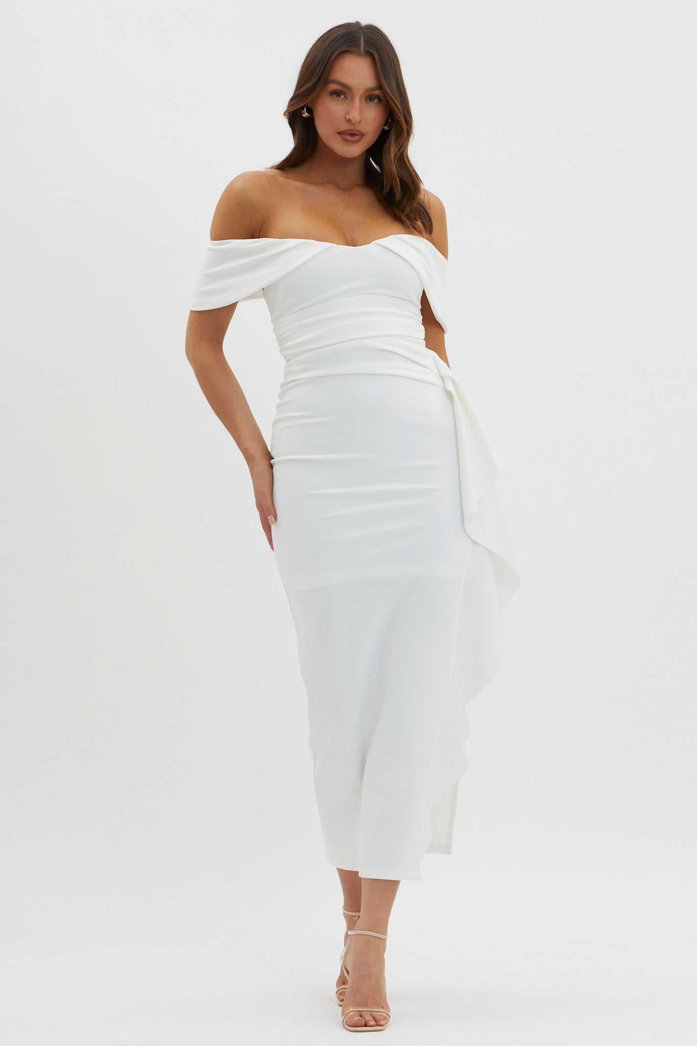 Lillianne Off-Shoulder Side Ruffle Maxi Dress White by Selfie Leslie