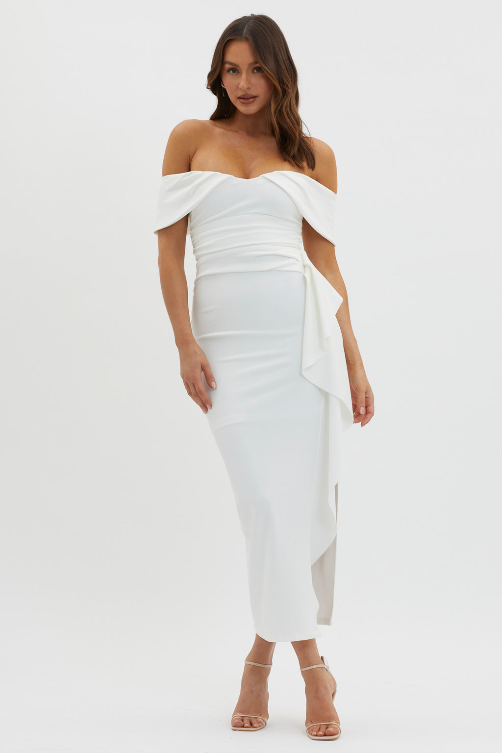 Lillianne Off-Shoulder Side Ruffle Maxi Dress White by Selfie Leslie