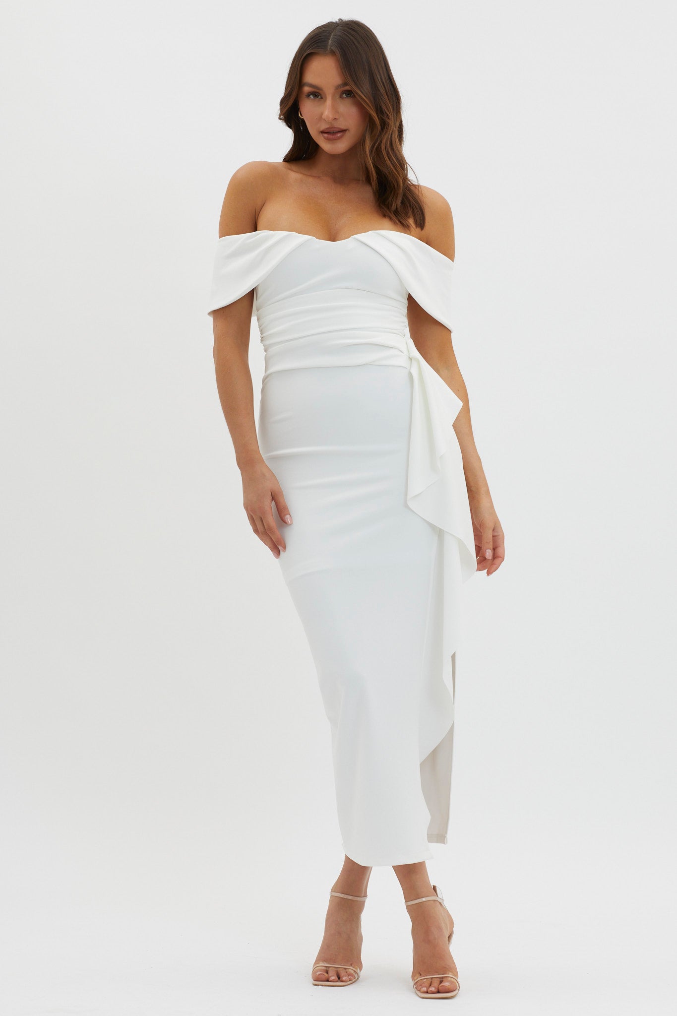 Lillianne Off-Shoulder Side Ruffle Maxi Dress White by Selfie Leslie
