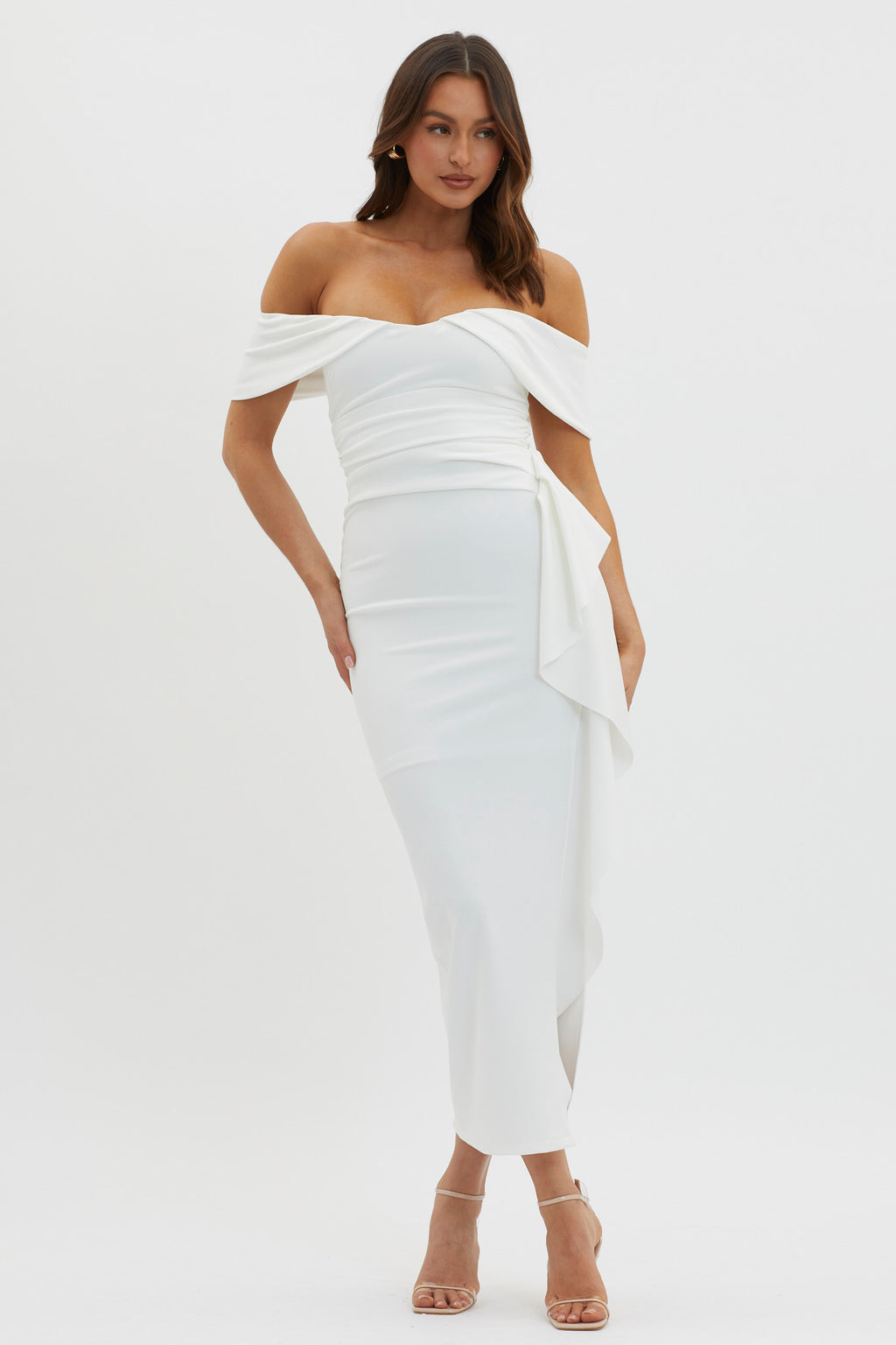Lillianne Off-Shoulder Side Ruffle Maxi Dress White by Selfie Leslie