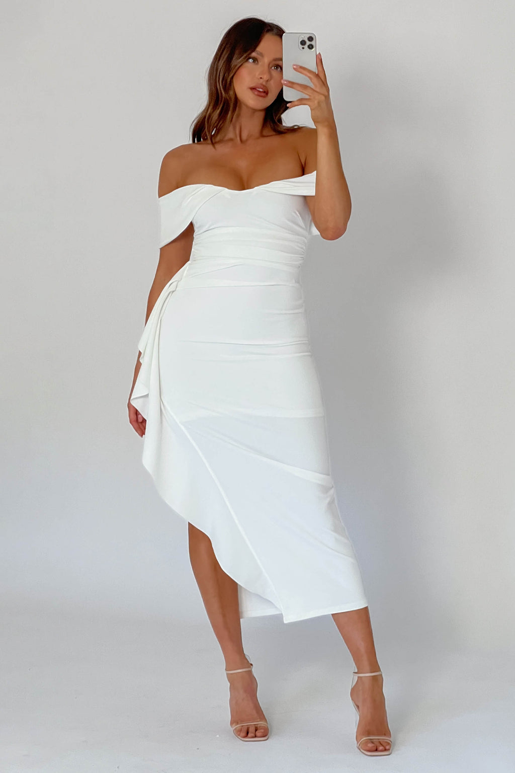 Lillianne Off-Shoulder Side Ruffle Maxi Dress White by Selfie Leslie