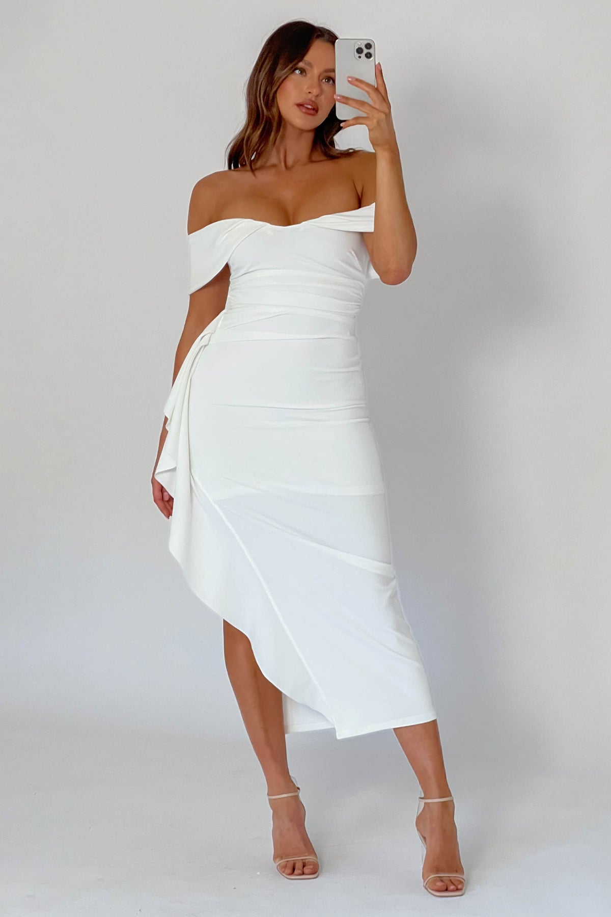 Lillianne Off-Shoulder Side Ruffle Maxi Dress White | Selfie Leslie