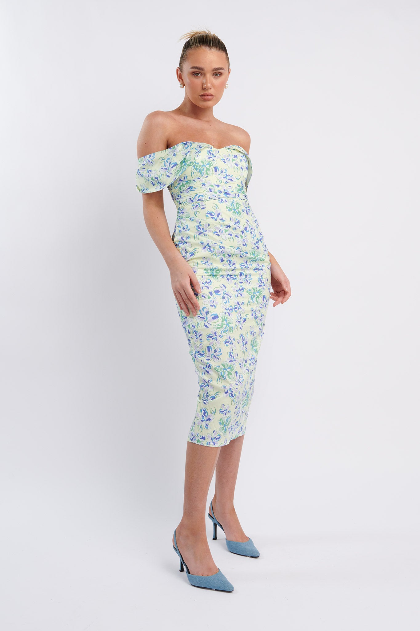 Lillianne Off-Shoulder Midi Dress Floral Blue by Selfie Leslie