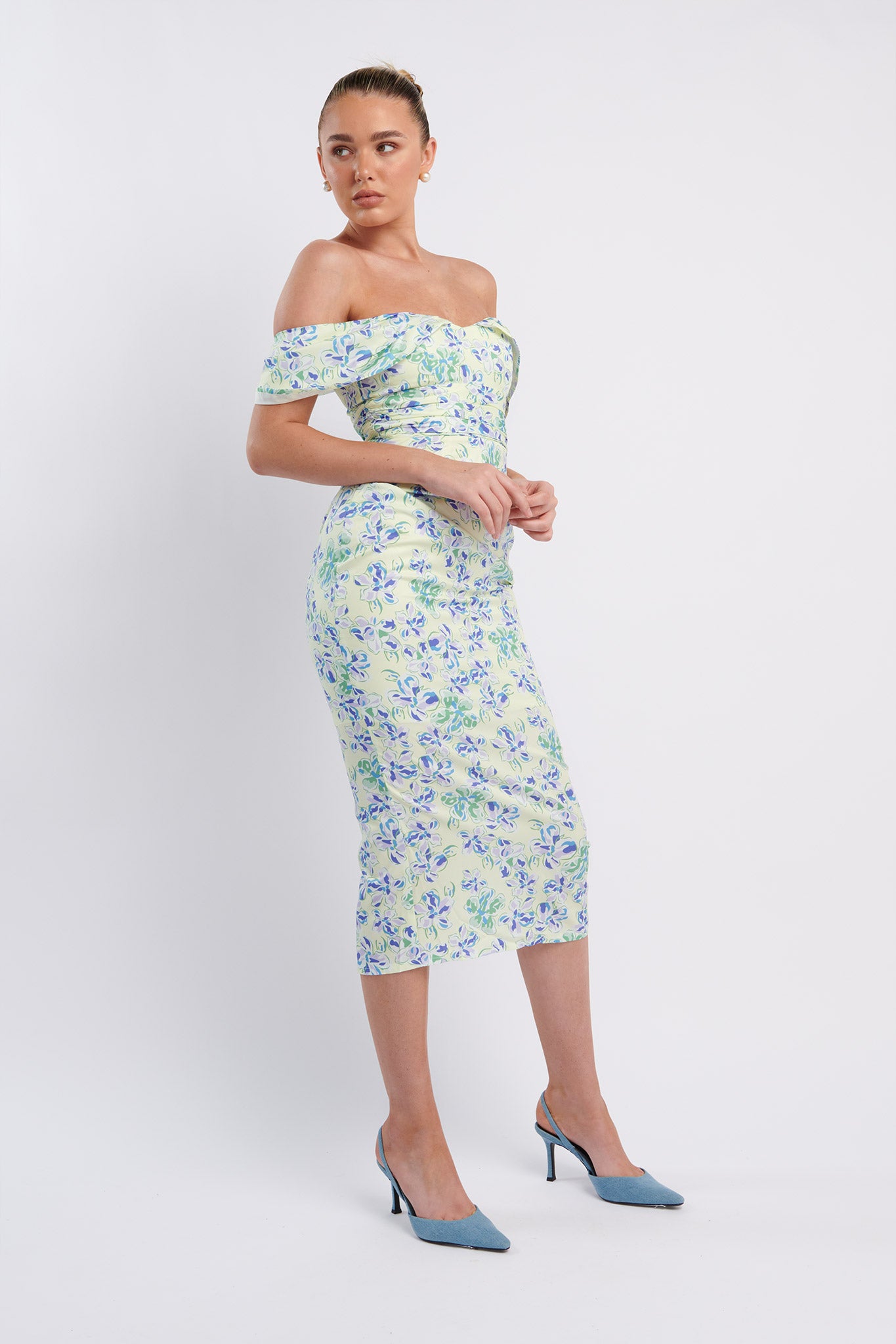 Lillianne Off-Shoulder Midi Dress Floral Blue by Selfie Leslie