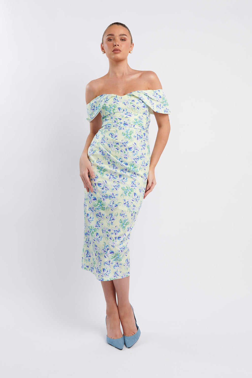 Lillianne Off-Shoulder Midi Dress Floral Blue by Selfie Leslie