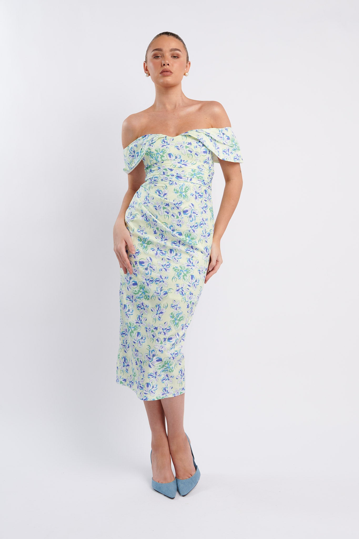 Lillianne Off-Shoulder Midi Dress Floral Blue by Selfie Leslie