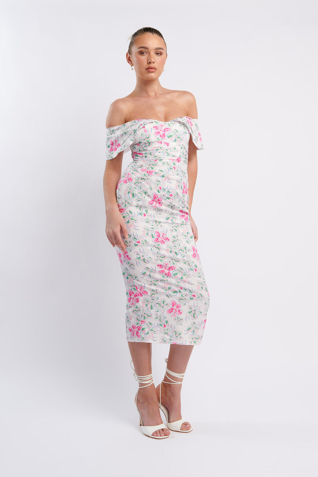 Lillianne Off-Shoulder Midi Dress Floral Pink by Selfie Leslie