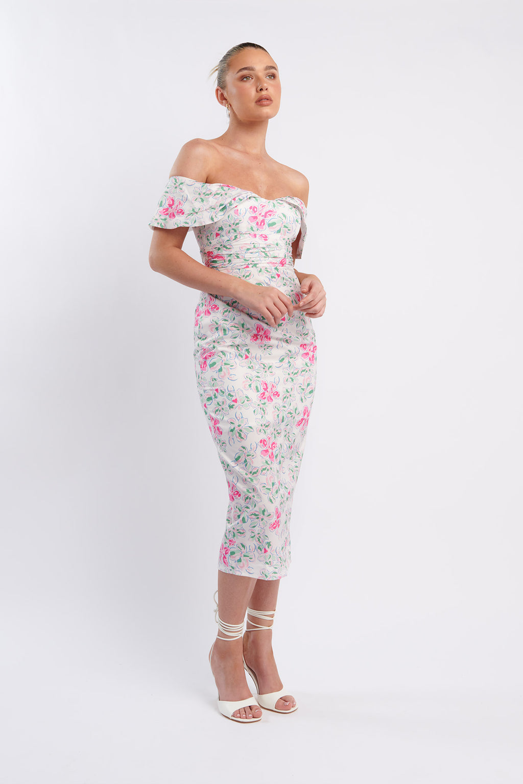Lillianne Off-Shoulder Midi Dress Floral Pink by Selfie Leslie