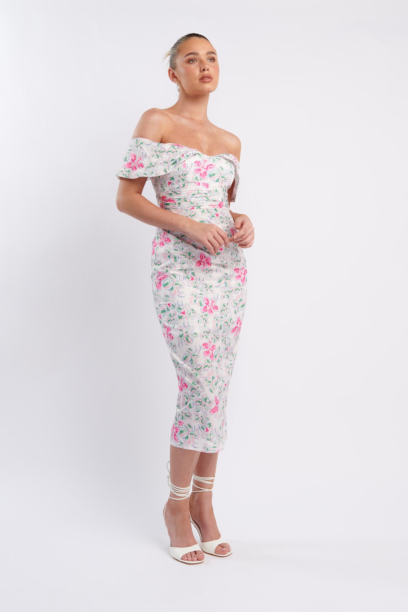 Lillianne Off-Shoulder Midi Dress Floral Pink by Selfie Leslie
