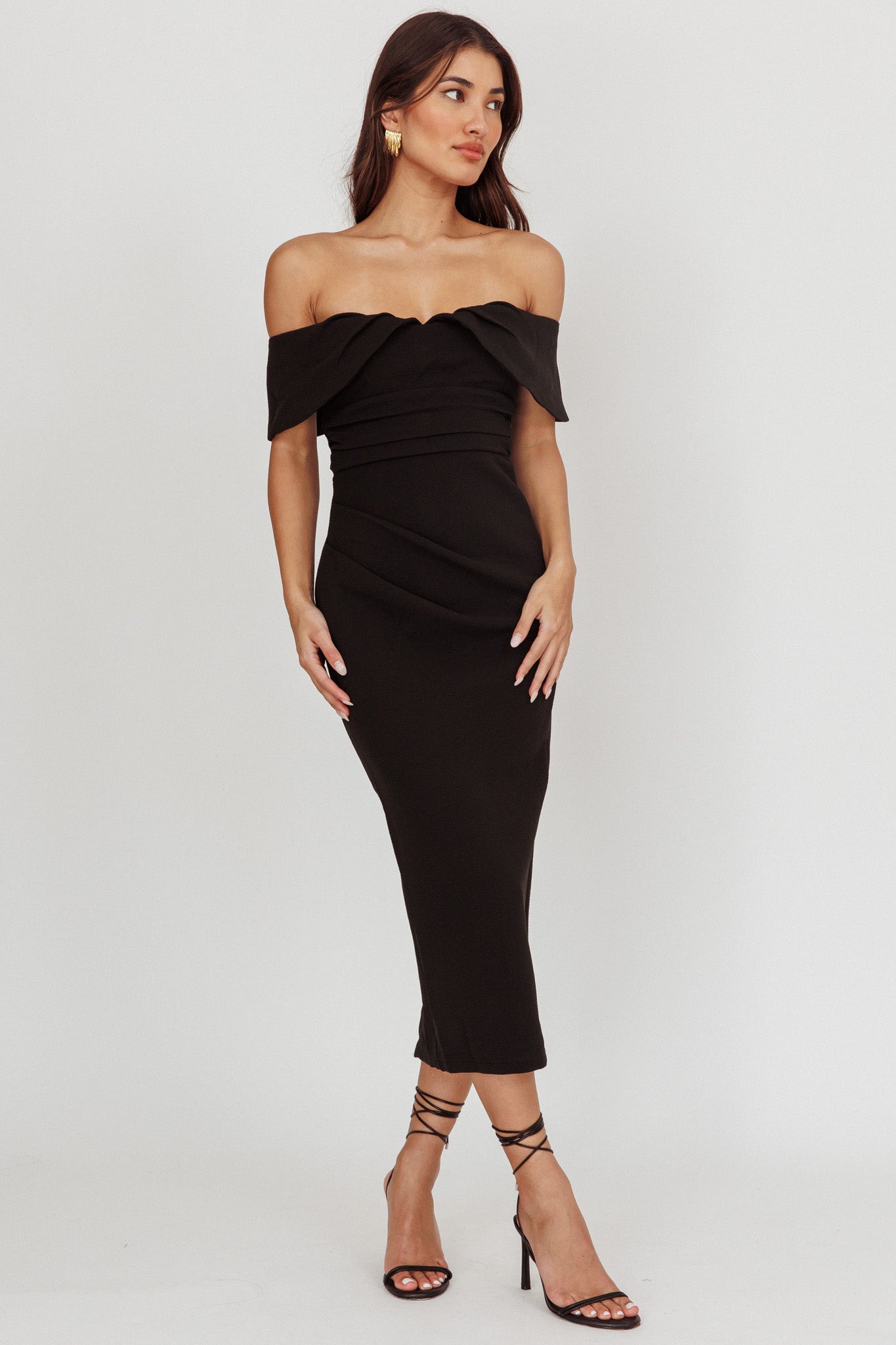 BLACK MIDI OFF SHOULDER DRESS main image 0