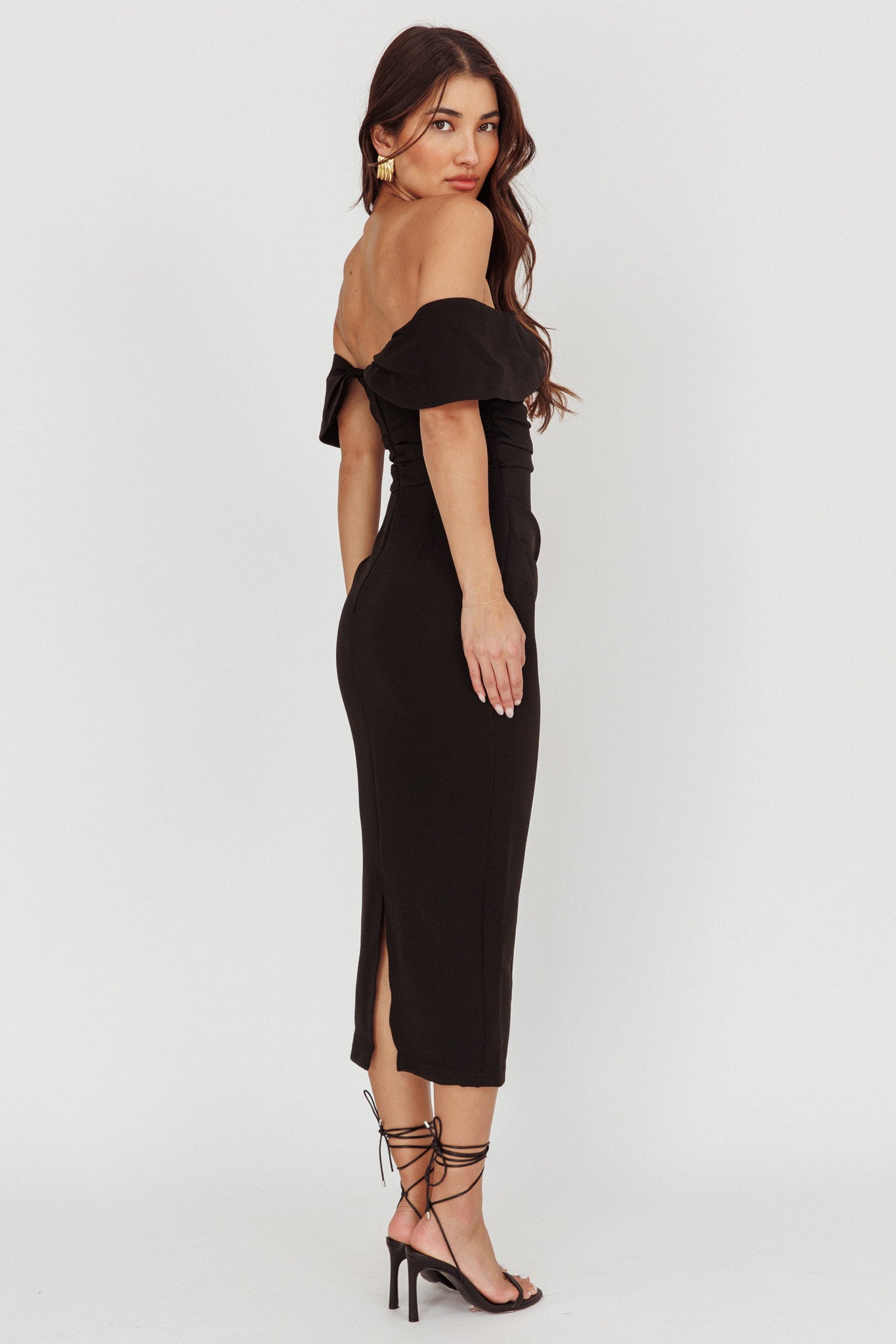 Lillianne Off-Shoulder Midi Dress Black Selfie Leslie Lillianne Off-Shoulder Midi Dress Black Selfie Leslie