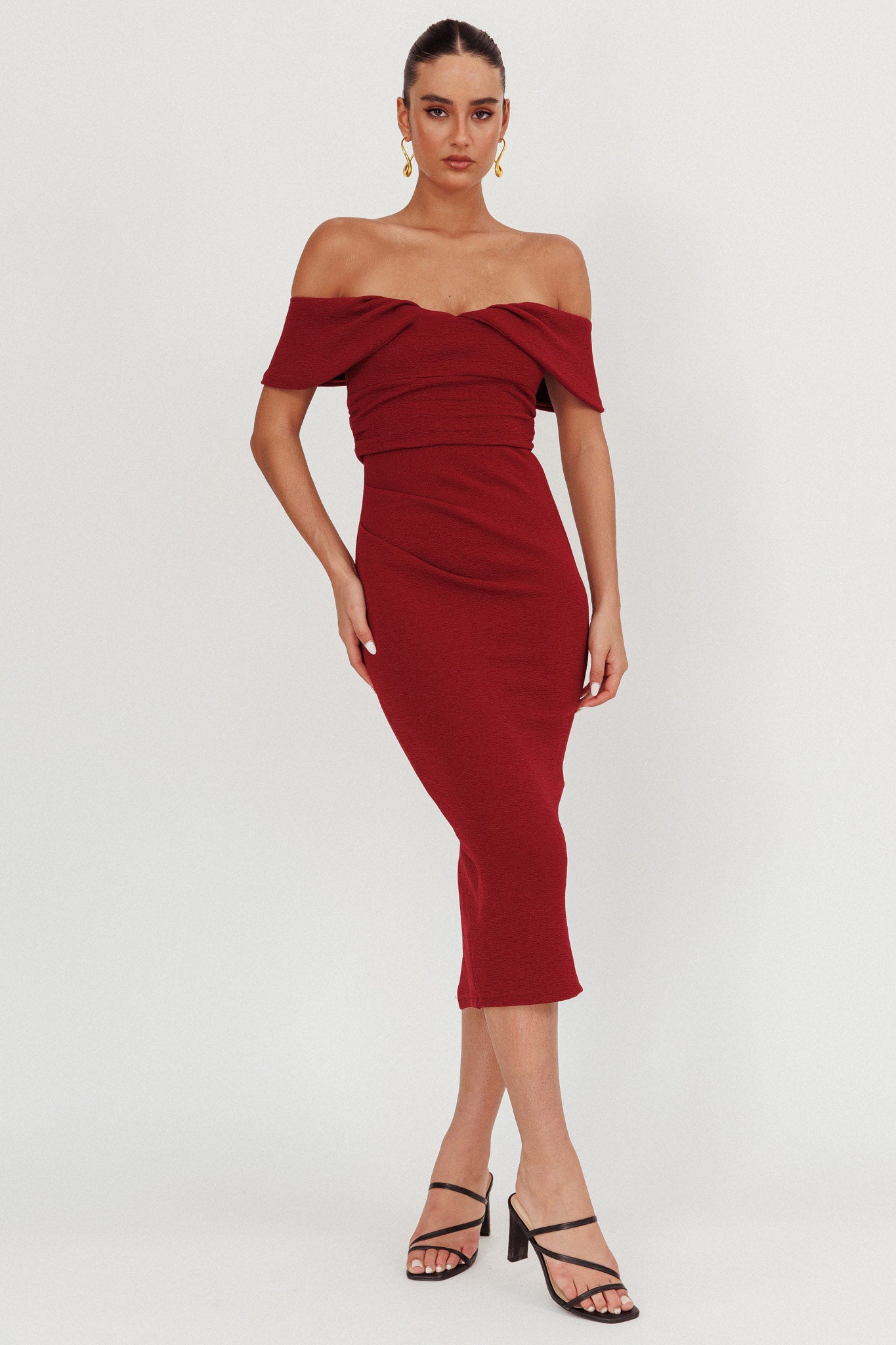 wine midi dress Lillianne Off-Shoulder 09-12-25-release The Andrina Midi Dress Grey Casual Dresess - COLOR:Orange Fuchsia