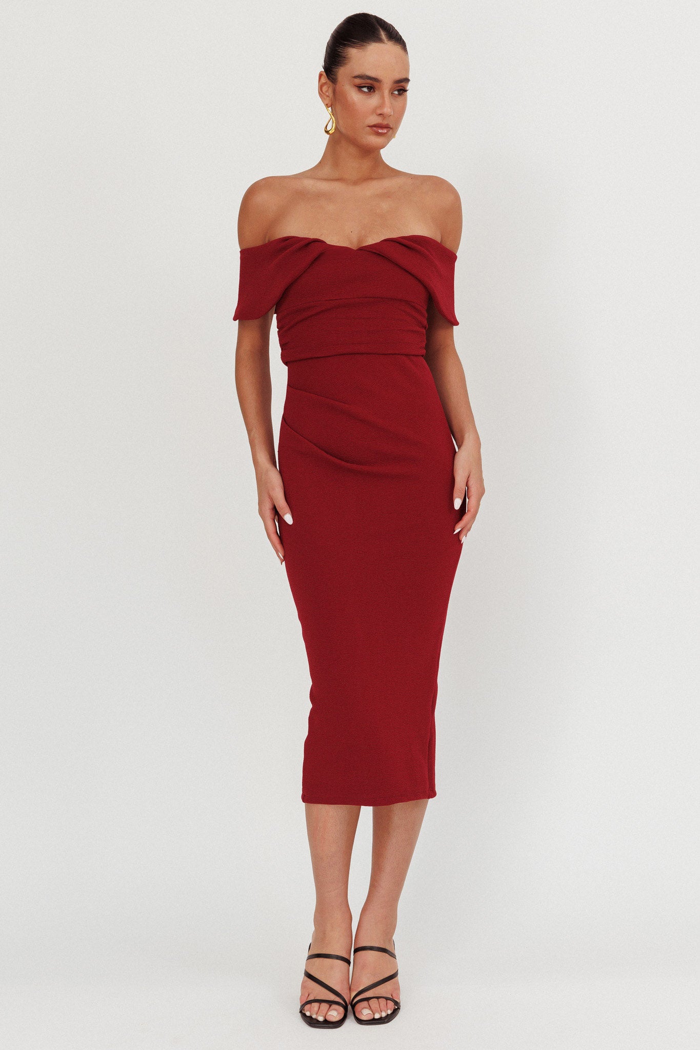 Lillianne Off-Shoulder Midi Dress Wine by Selfie Leslie