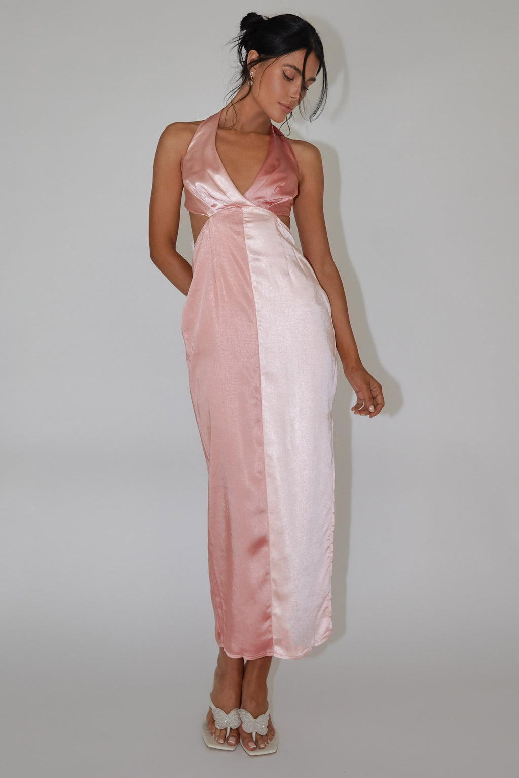 Harlequin Halterneck Satin Maxi Dress Blush by Selfie Leslie
