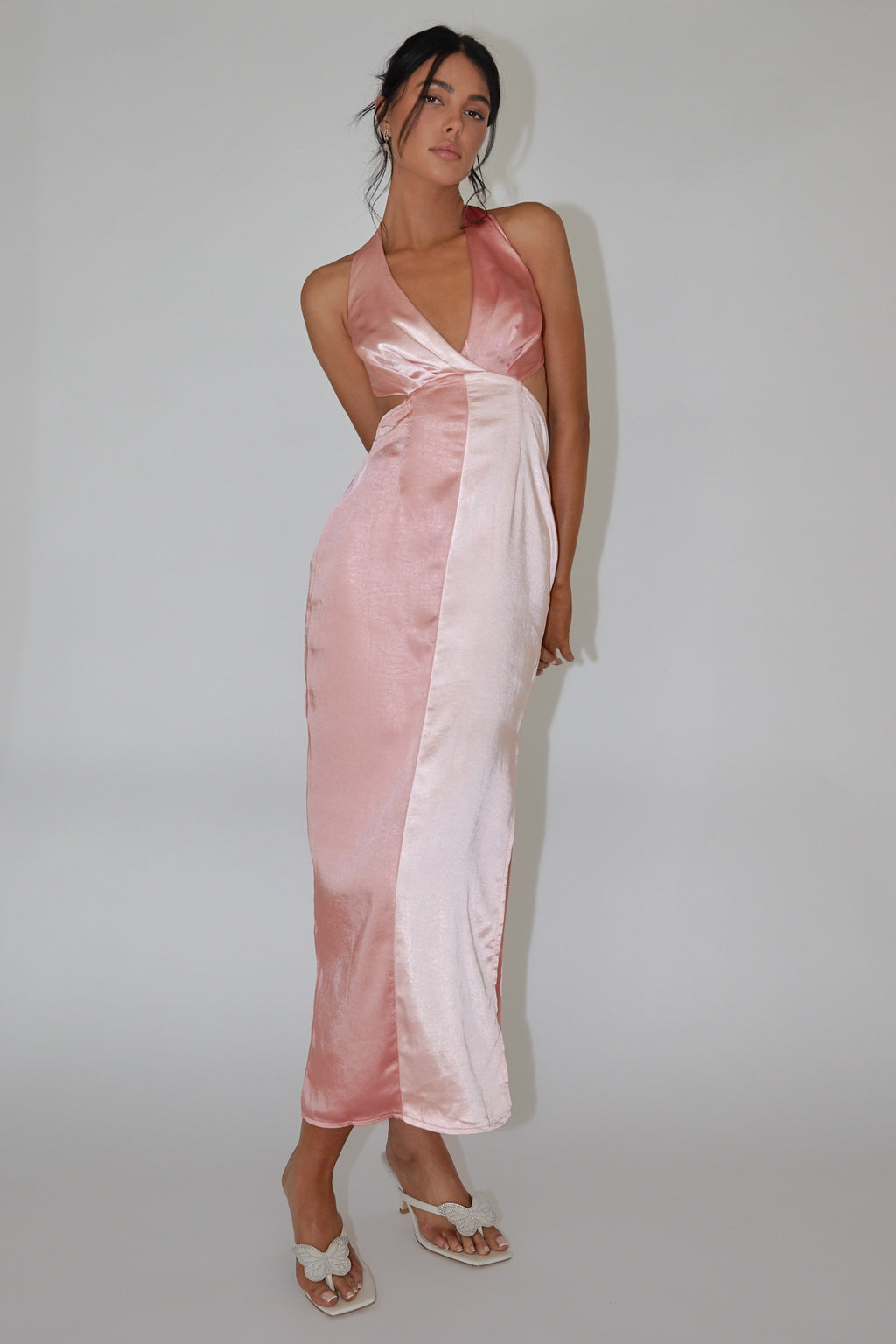 Harlequin Halterneck Satin Maxi Dress Blush by Selfie Leslie
