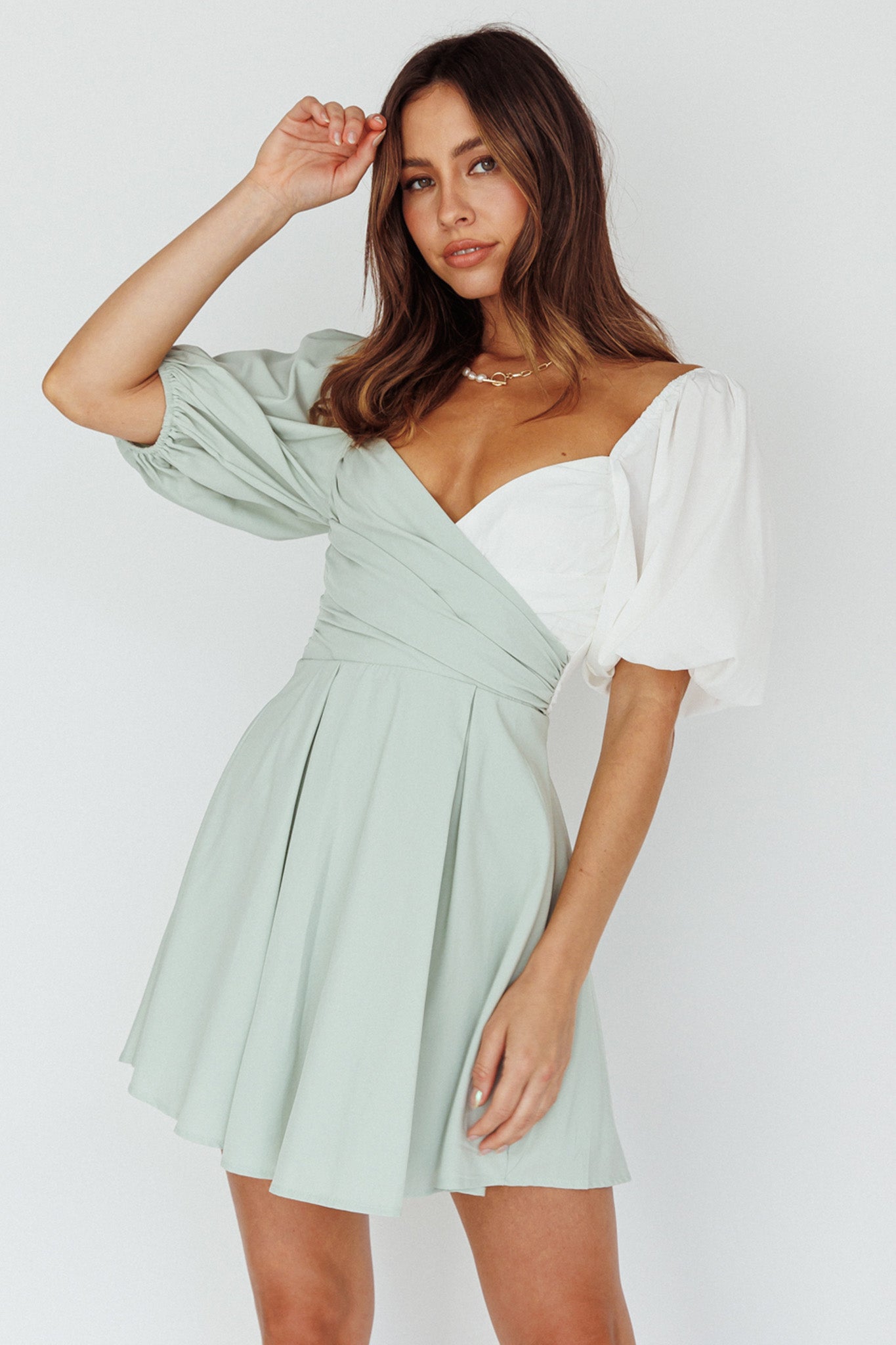 Melie Puff Sleeve Mini Dress Pistachio/White by Selfie Leslie