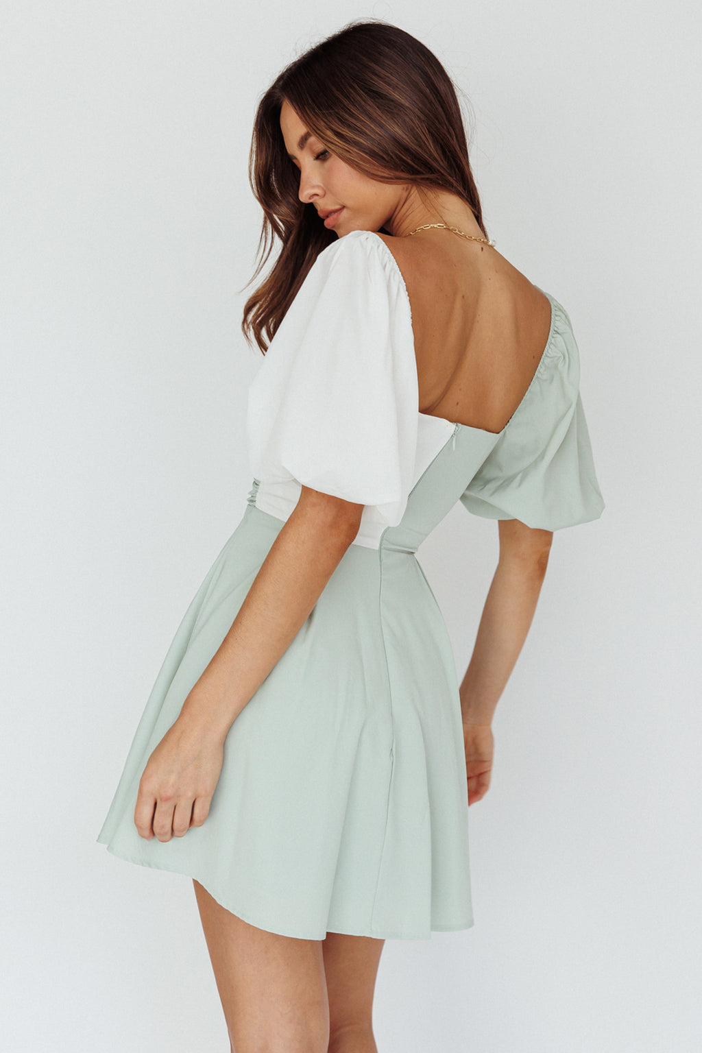 Melie Puff Sleeve Mini Dress Pistachio/White by Selfie Leslie