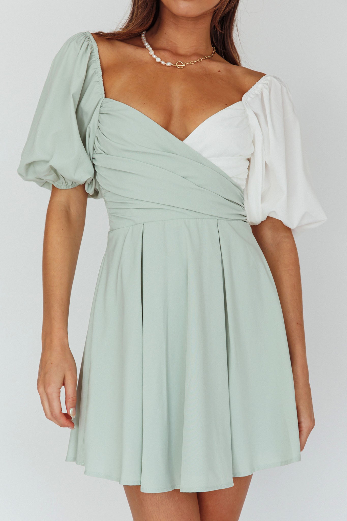 Melie Puff Sleeve Mini Dress Pistachio/White by Selfie Leslie