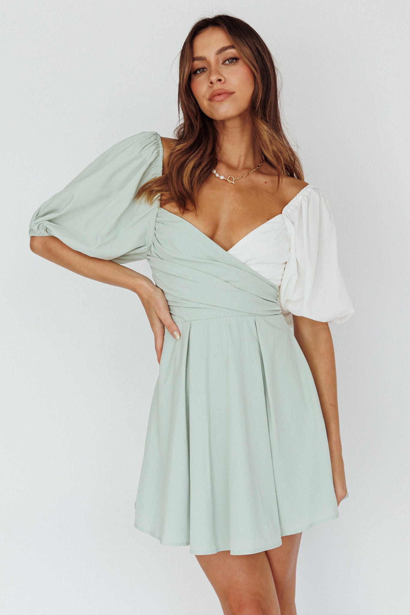 Melie Puff Sleeve Mini Dress Pistachio/White by Selfie Leslie