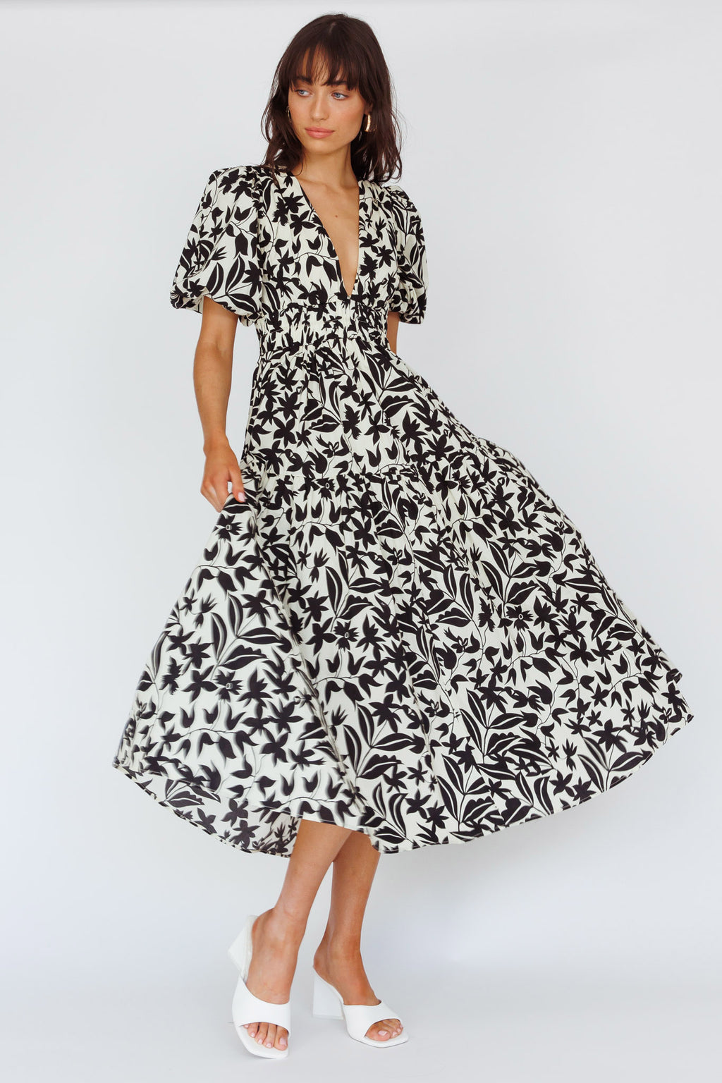 Summer Land V-Neckline Midi Dress Floral Beige by Selfie Leslie