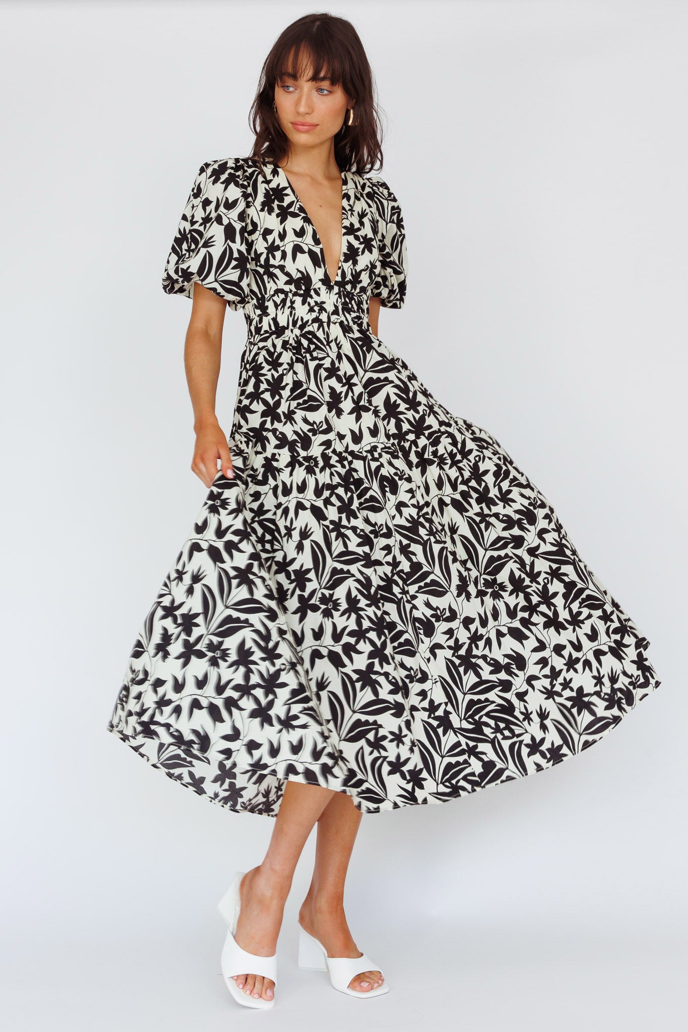 Summer Land V-Neckline Midi Dress Floral Beige by Selfie Leslie