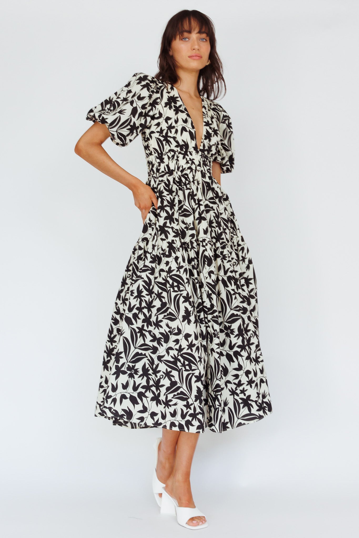 Summer Land V-Neckline Midi Dress Floral Beige by Selfie Leslie