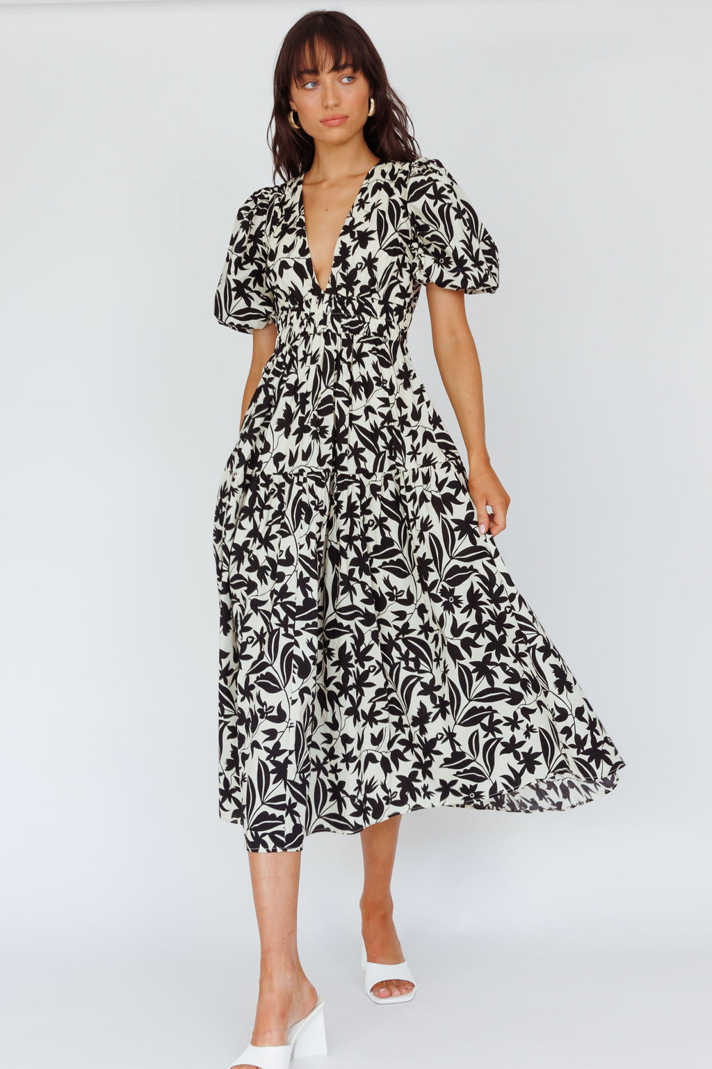 Summer Land V-Neckline Midi Dress Floral Beige by Selfie Leslie