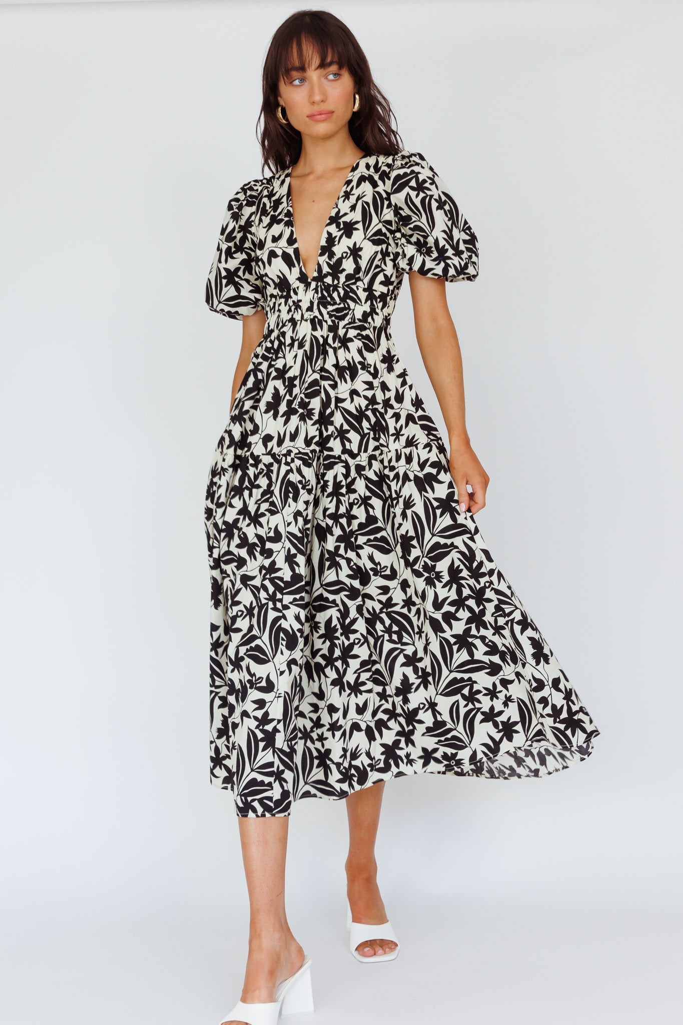Summer Land V-Neckline Midi Dress Floral Beige by Selfie Leslie