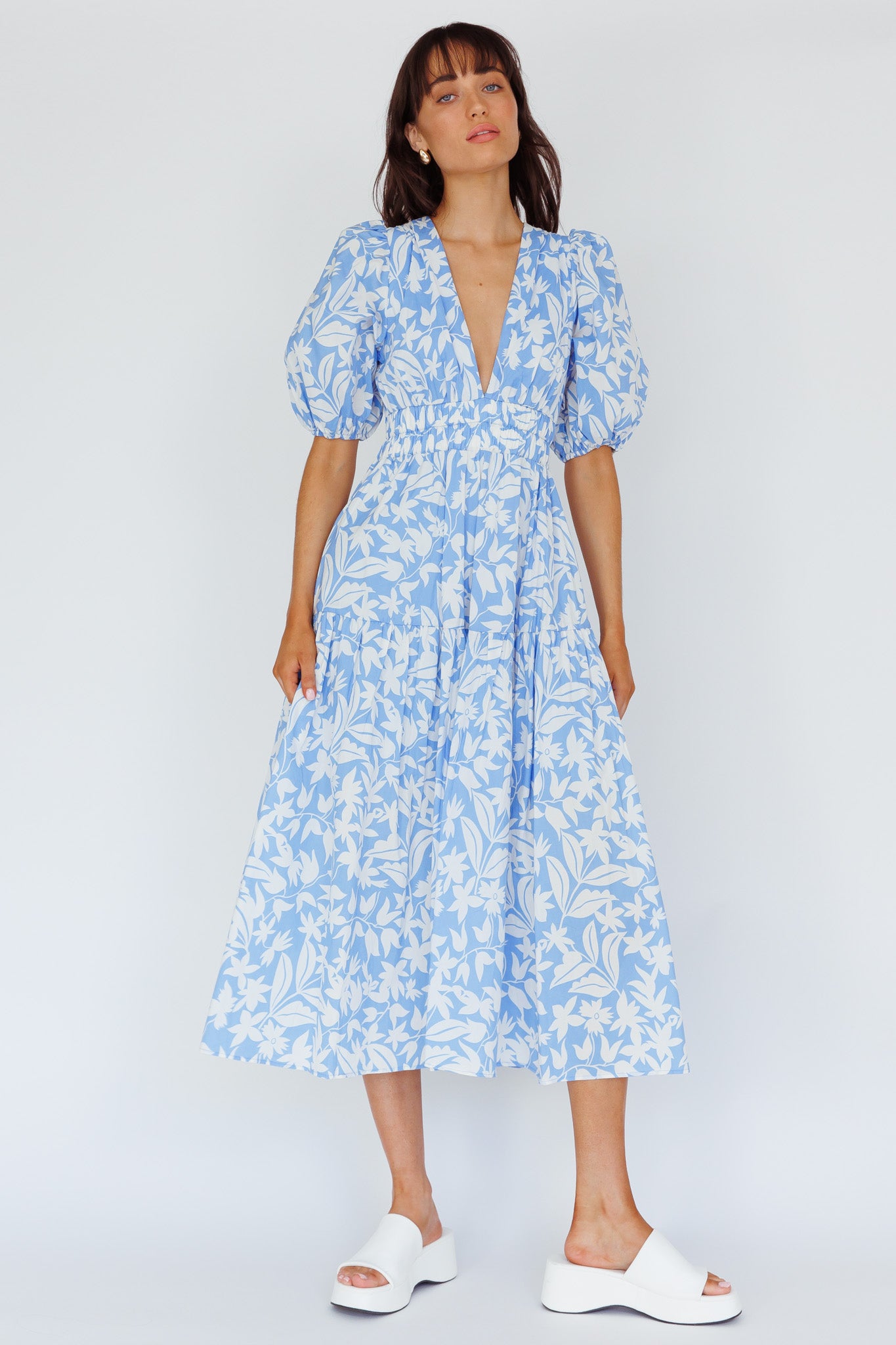Summer Land V-Neckline Midi Dress Floral Blue by Selfie Leslie