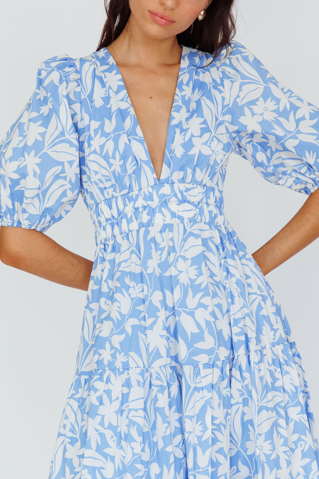 Summer Land V-Neckline Midi Dress Floral Blue by Selfie Leslie