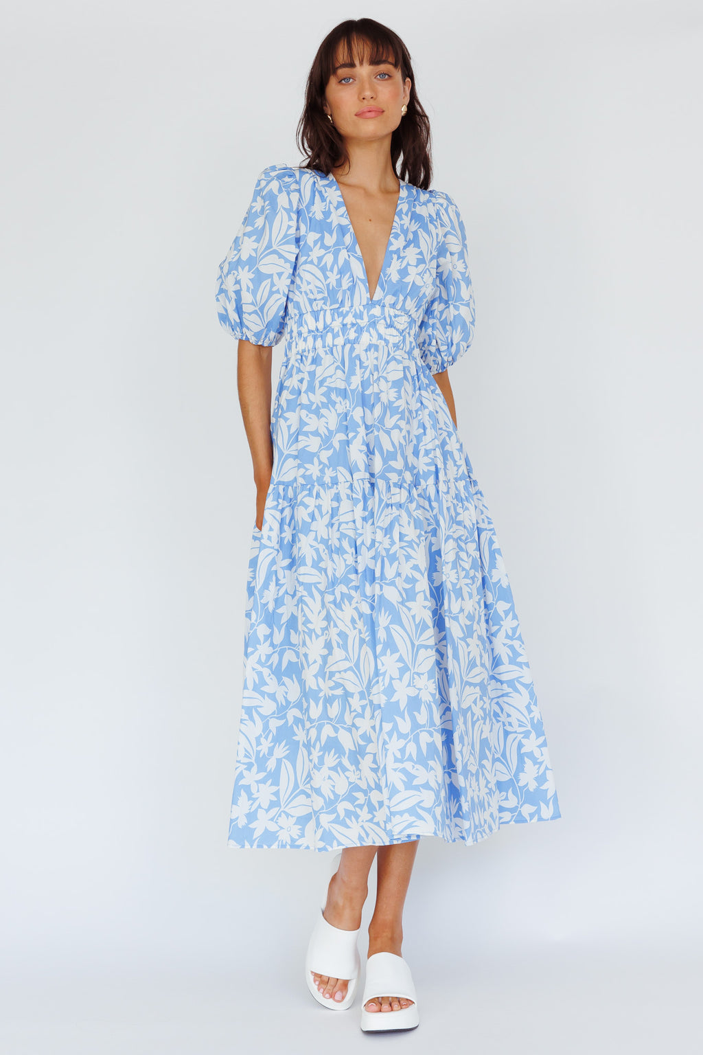 Summer Land V-Neckline Midi Dress Floral Blue by Selfie Leslie