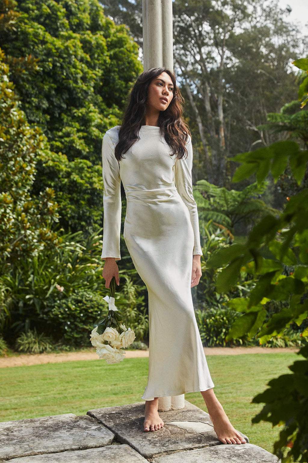 Loveland Cowl Back Midi Dress Oyster by Selfie Leslie