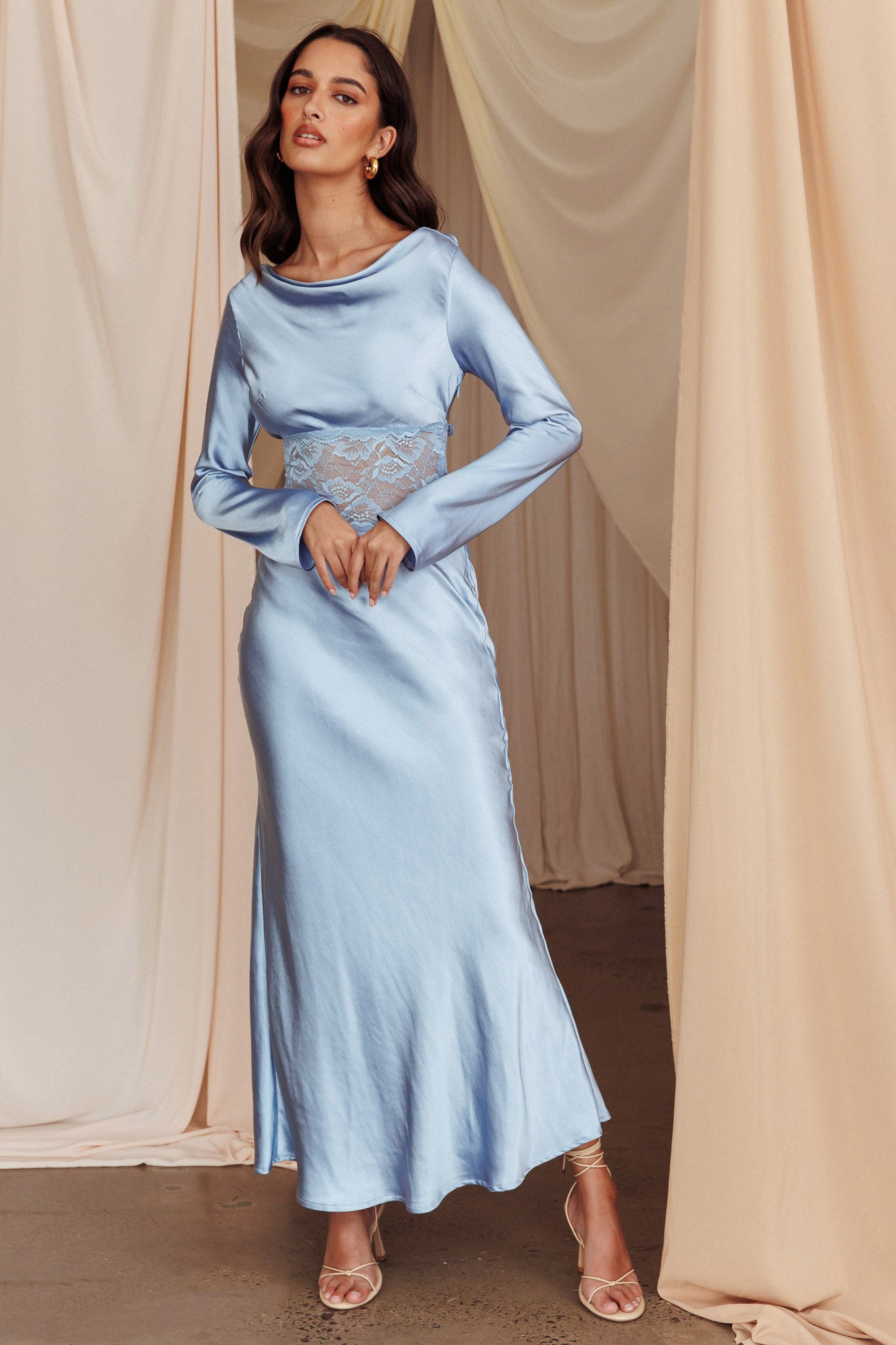 Loveland Lace Insert Cowl Back Dress Blue Loveland Lace Insert Cowl Back Dress Blue