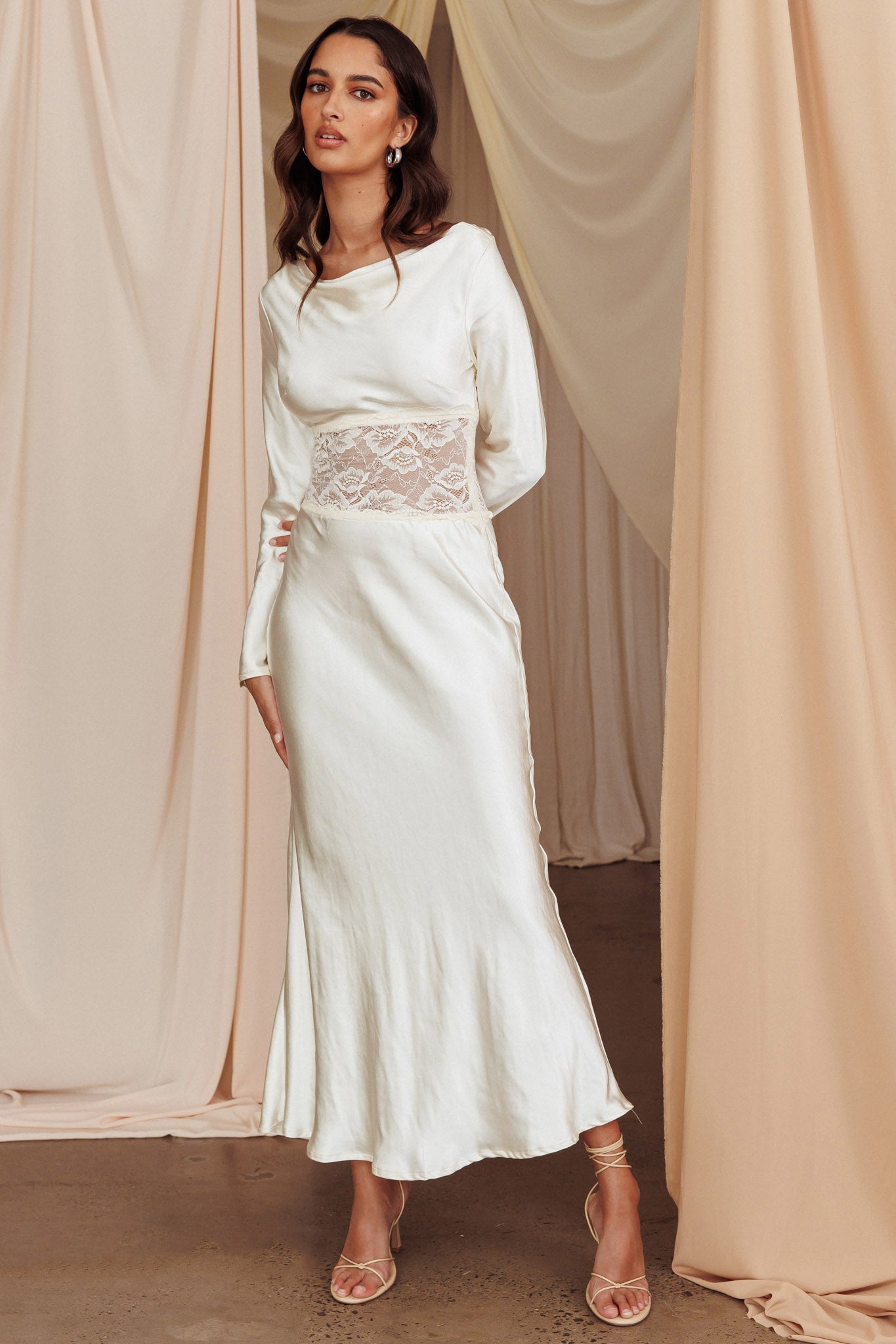 Loveland Lace Insert Cowl Back Dress Oyster by Selfie Leslie