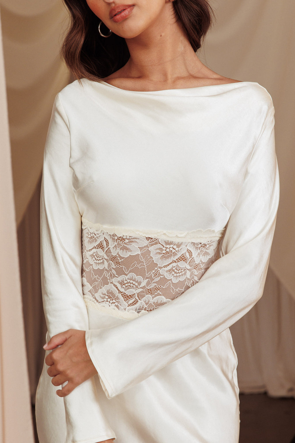 Loveland Lace Insert Cowl Back Dress Oyster by Selfie Leslie