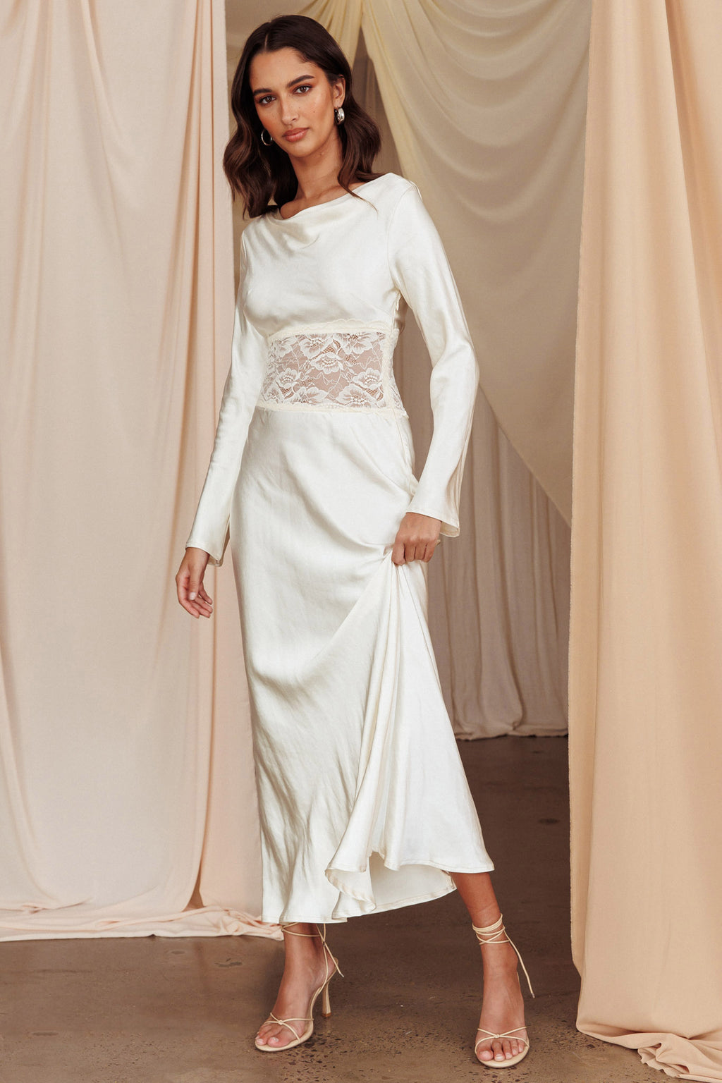 Loveland Lace Insert Cowl Back Dress Oyster by Selfie Leslie