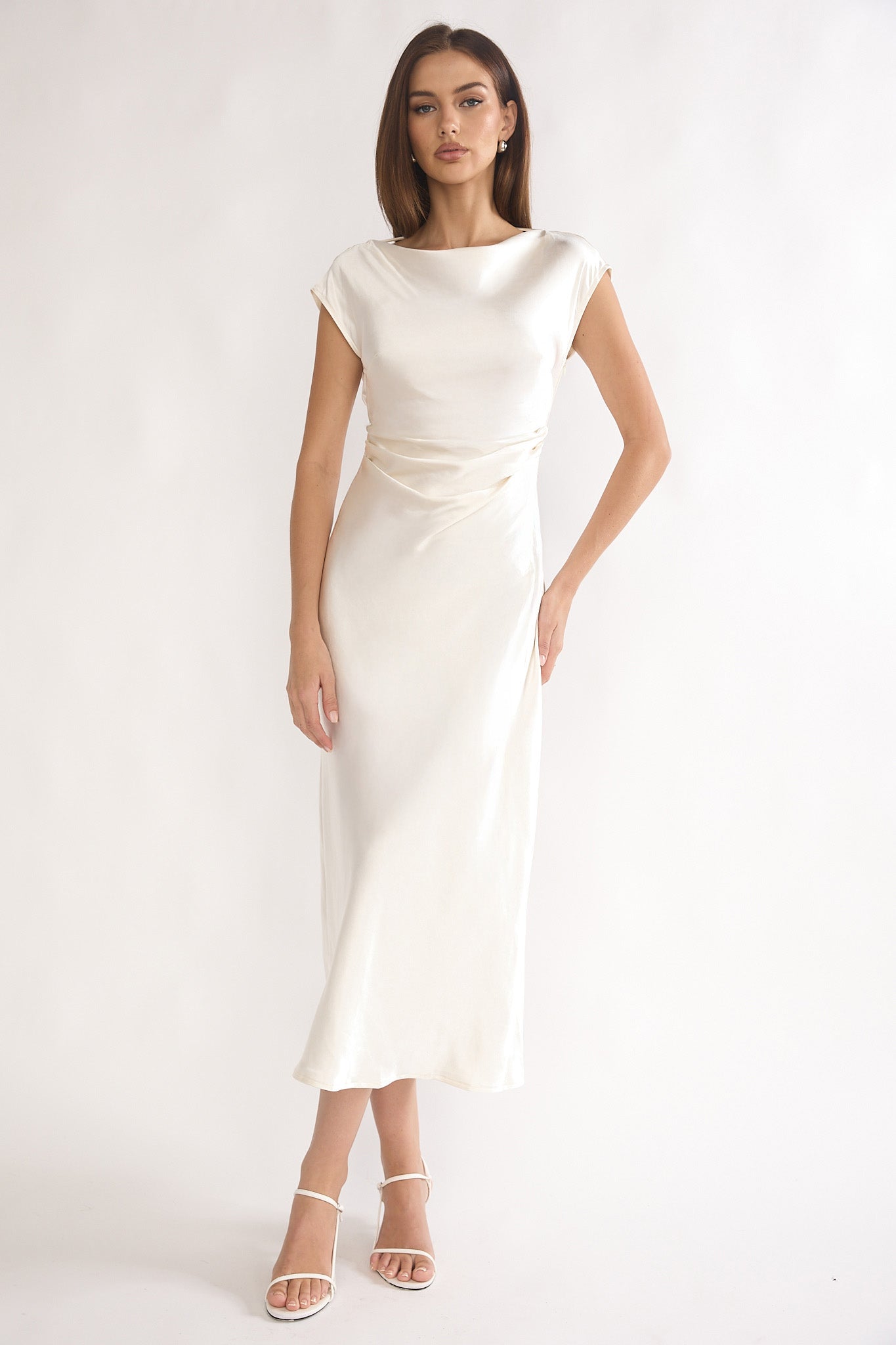 Loveland Pleat Cowl Back Midi Dress Oyster | Selfie Leslie