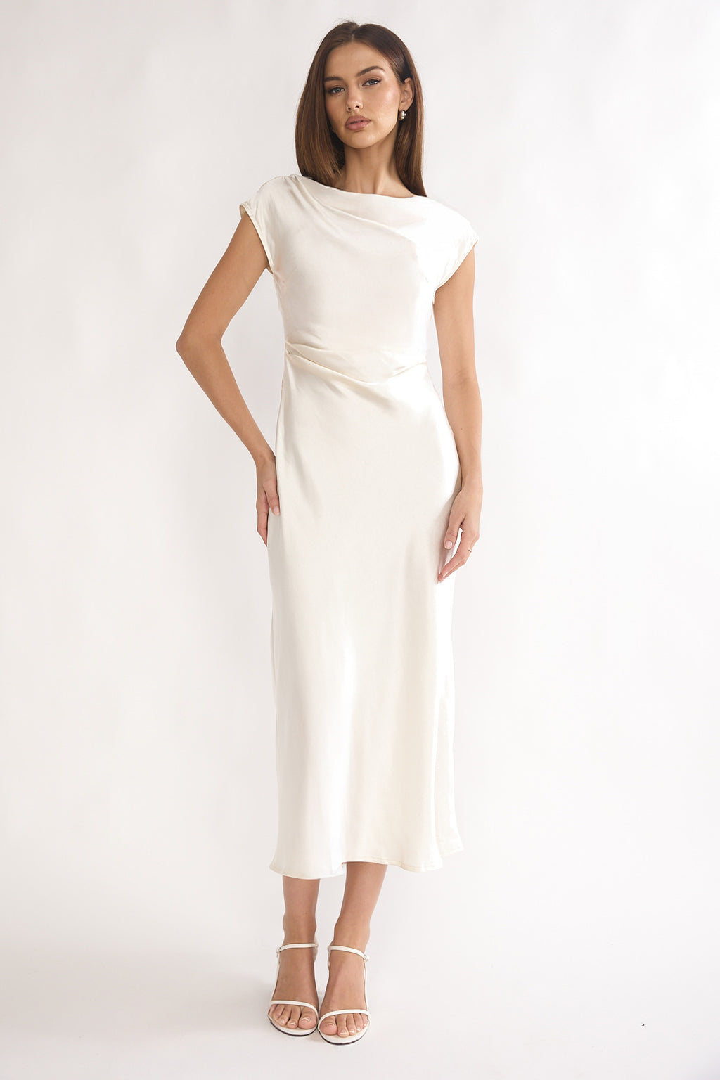 Loveland Pleat Cowl Back Midi Dress Oyster