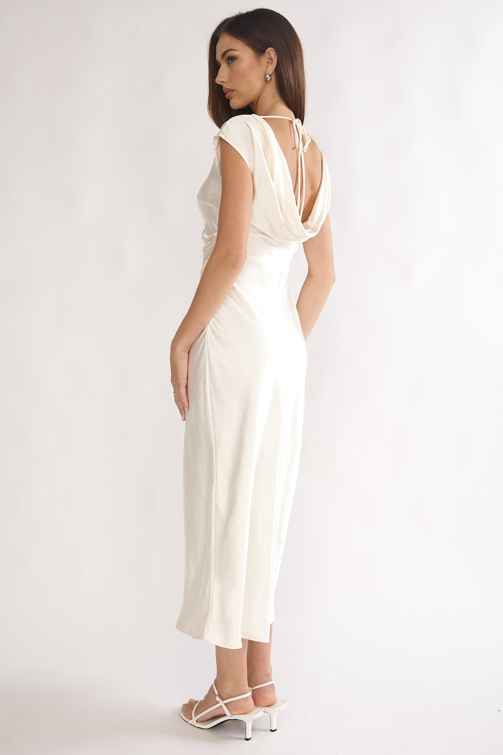 Loveland Pleat Cowl Back Midi Dress Oyster