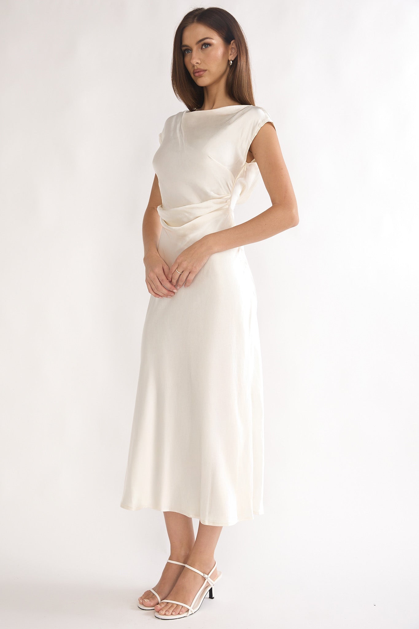 Loveland Pleat Cowl Back Midi Dress Oyster