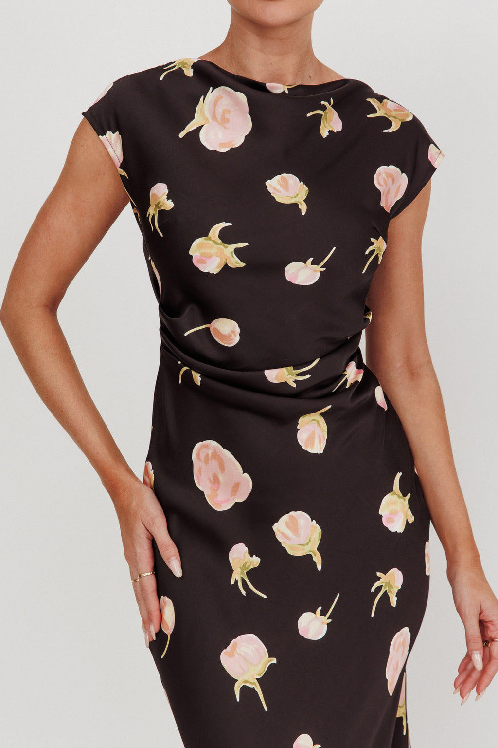 Loveland Floral Print Cowl Back Maxi Dress Oyster by Selfie Leslie