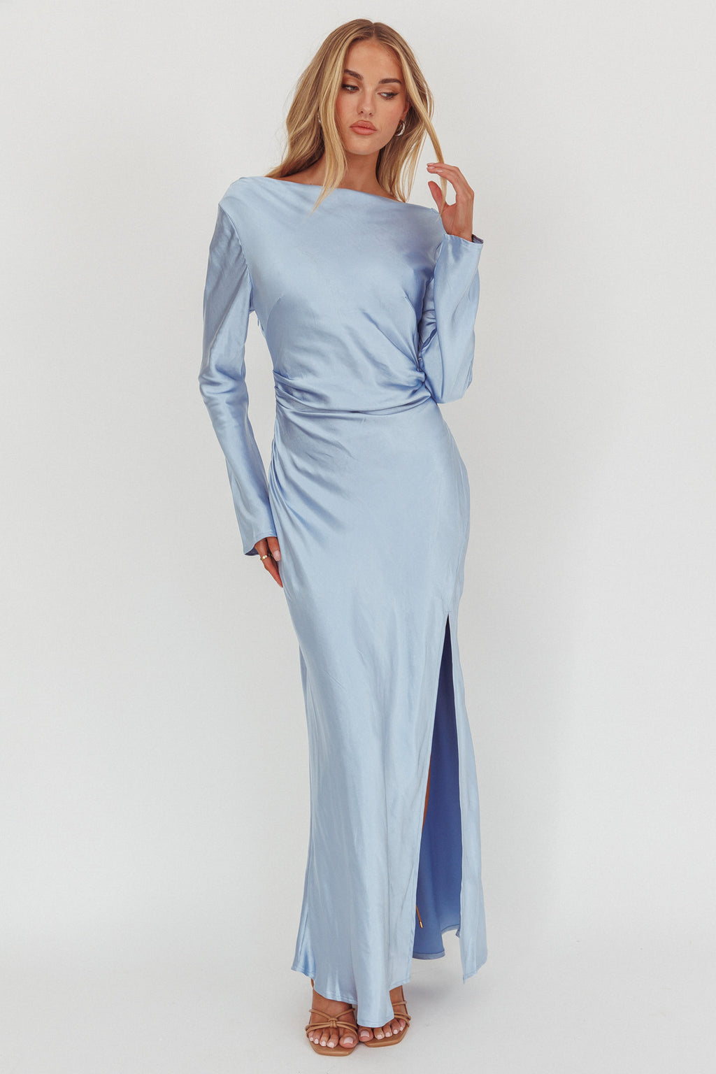 satin long sleeve cowl back maxi dress Loveland Long Sleeve Cowl Back Maxi Dress Blue