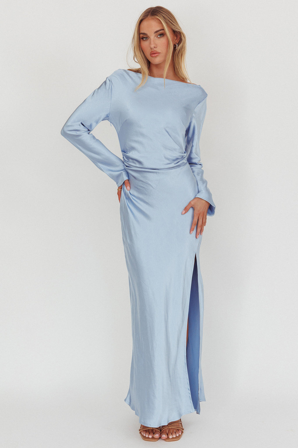 Loveland Long Sleeve Cowl Back Maxi Dress Blue by Selfie Leslie
