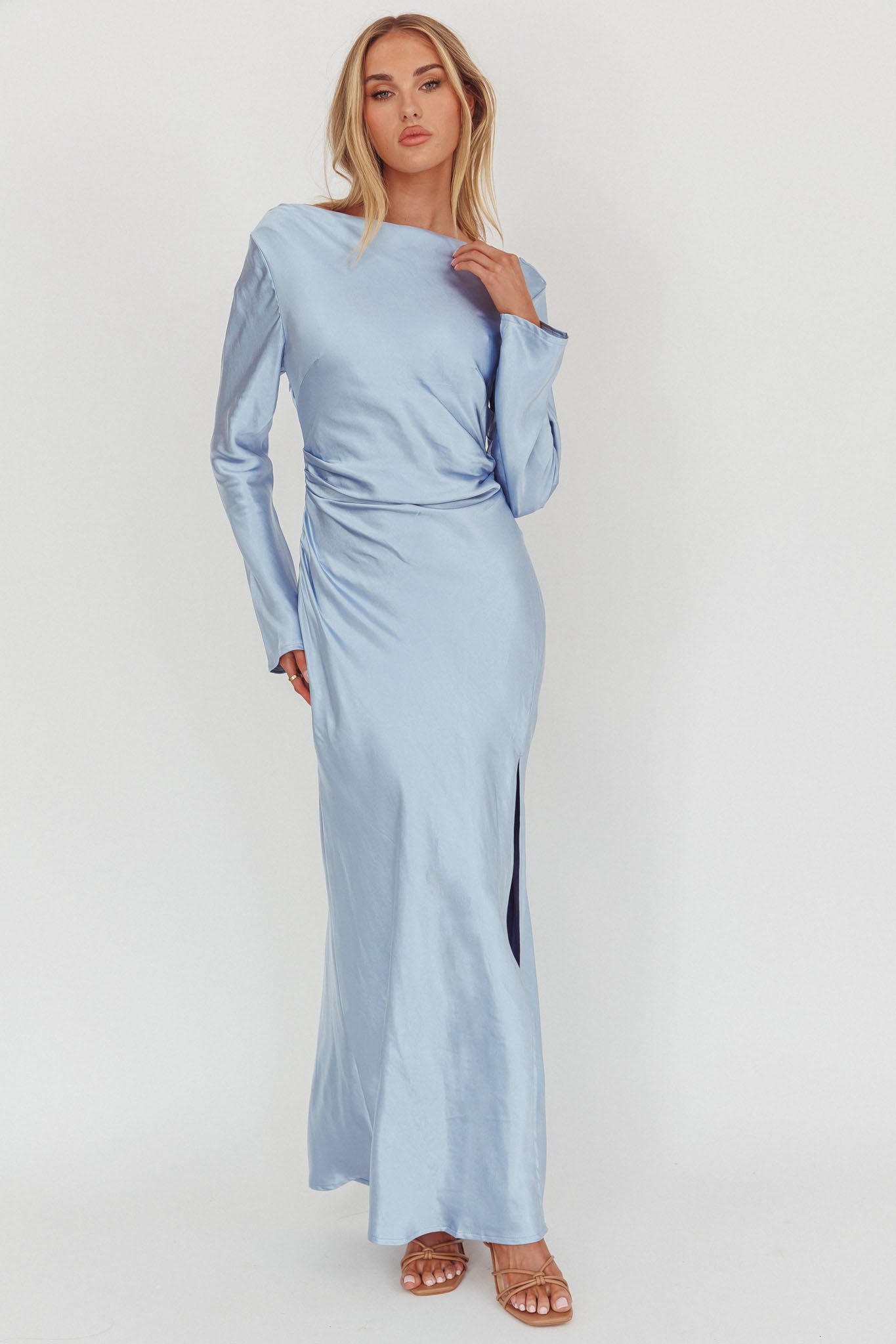 Loveland Long Sleeve Cowl Back Maxi Dress Blue by Selfie Leslie
